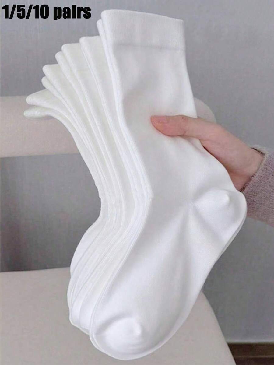 1/5/10 Pairs Women's Solid Color Wide Opening Comfortable Simple Maternity Socks, Moisture-Wicking, Quick-Drying, Breathable Mid-Calf Socks - White - View 1
