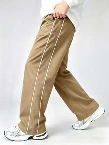 1pc Boys/Teens Minimalist Workout Sports Outdoor Loose Side Stripe Straight Leg Pants, Streetwear Style, Spring/Summer - Khaki - View 9