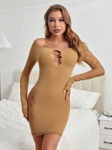Women's Fashion Sexy Hollow Out Off-Shoulder Fitted Bodycon Dress Elegant - Khaki - View 4