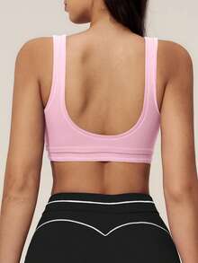 TimeOff Women's One Piece Contrast Color White Trim U-Neck Backless Sports Bra Tank Top With Removable Built-In Pads - Pink - View 8