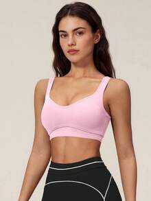TimeOff Women's One Piece Contrast Color White Trim U-Neck Backless Sports Bra Tank Top With Removable Built-In Pads - Pink - View 7
