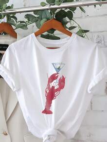 Camiseta estampada de diseño simple y versátil, con diseño de cóctel de langosta, mangas cortas, cuello redondo, muy adecuada para primavera y verano, ropa de mujer - Blanco - Ver 1