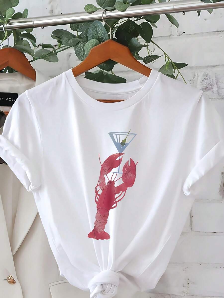 Camiseta estampada de diseño simple y versátil, con diseño de cóctel de langosta, mangas cortas, cuello redondo, muy adecuada para primavera y verano, ropa de mujer - Blanco - Ver 1