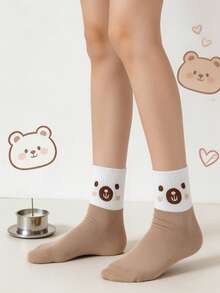 5 Pairs Calf-Length Socks With Bear Patterns For Women, Japanese Preppy Style, Cute Cartoon Design,Comfortable And Breathable - Multicolor - View 5
