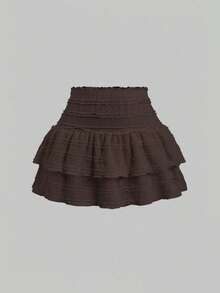 Y2K Casual Resort Mini Skirt With Double-Layered Hem And Solid-Color Ruffle Trim - Brown - View 1