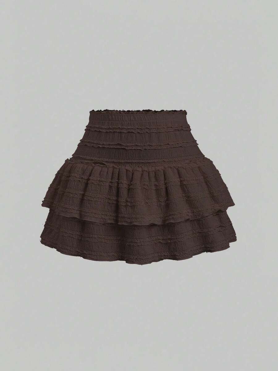 Y2K Casual Resort Mini Skirt With Double-Layered Hem And Solid-Color Ruffle Trim - Brown - View 1