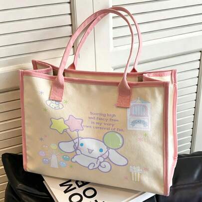Miniso Túi tote vải canvas Sanrio Cinnamoroll, họa tiết Light Carnival & chi tiết pastel, túi đeo vai rộng rãi dùng hàng ngày