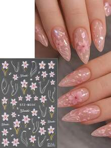 2pcs Embossed Pink Cherry Blossoms Flower French Nail Stickers Elegant Camellia Lily Floral Nail Decals With Golden Lines Wedding Nail Charms Nail Supplies Manicure - Multicolor - View 7