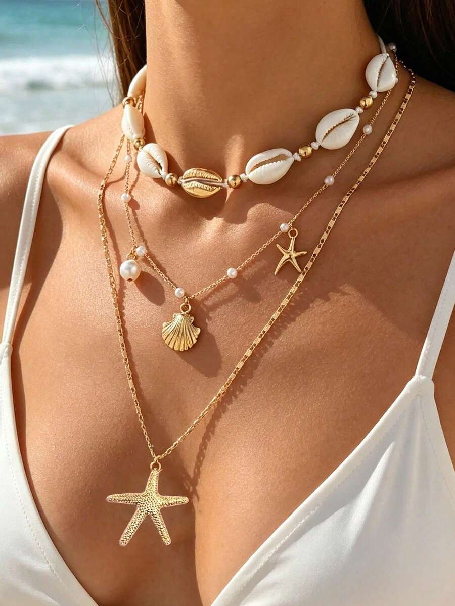 3pcs Bohemian Style Necklace Set, Featuring Faux Pearl, Faux Shell And Starfish Designs, Multi-Layer Choker Necklace, Suitable For Daily Wear, Shopping, Vacation, Dating - 4808 White - View 1