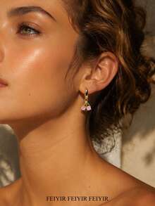 Cute Pink Cubic Zirconia Cherry Shaped Gold Earrings, 18K Gold Plated Silver Anti-Fade Earrings, Suitable For Weddings, Parties, Vacations And Other Occasions, Also Can Be Given As A Commemorative Gift To Best Friends For Daily Wear. - Stainless Steel - View 3