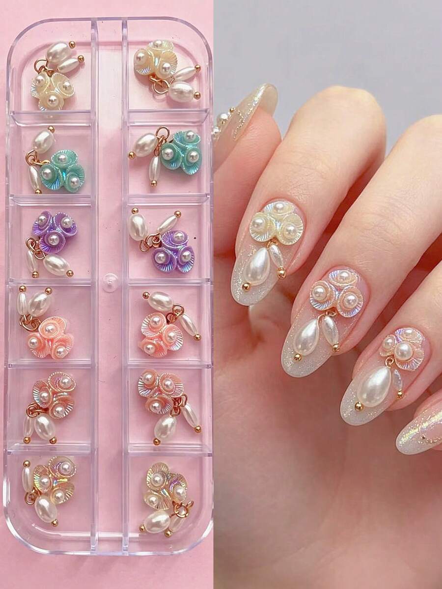 3D Aurora Shell Flower Pearl Nail Charms, 12Pcs Iridescent Floral Nail Art Decorations With Hanging Pearl Pendants , Japanese Style Resin Nail Charms For DIY Manicure, Nail Art Supplies Summer Collection Nail Accessories, Nail Products - Multicolor - View 1