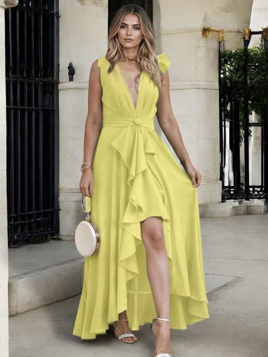 Long Dress With Front Slit, V-Neck, And Adjustable Belt - Yellow - View 1