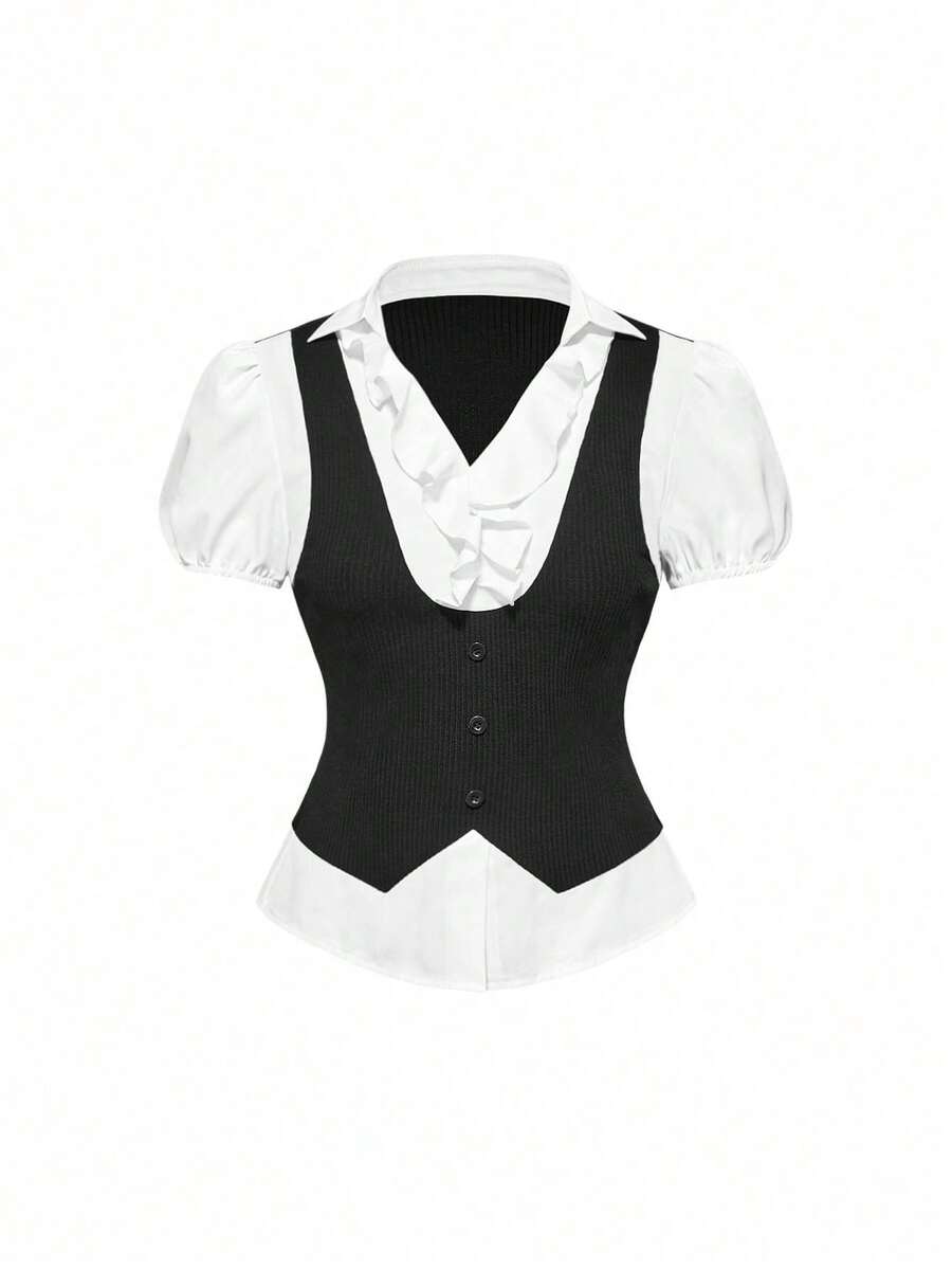 ROMWE Women's Goth Top, Vintage Gothic Style, 2-In-1 College Style, Back To School Summer - Black and White - View 1