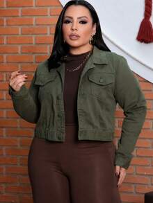 Women's Plus Size Cropped Denim Jacket With Covered Button Hem, Twill Fabric, Sizes G1 To G4 - Army Green - View 1