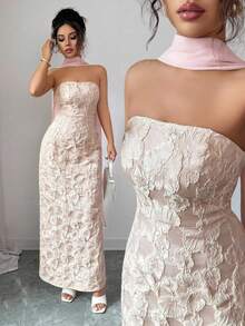 Vestido  con cintura ceñida, escote sin tirantes, cuello con lazo, de tela jacquard con estampado floral rosa y dorado, elegante y román - Rosa - Ver 2
