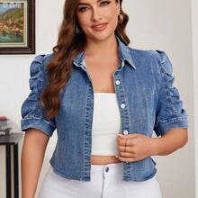 jianchaimaoyi02  Chaqueta vaquera casual de mujer con manga corta de pétalos y abotonadura sencilla, blusas y tops para mujer, camisas de trabajo - Azul - Ver 2