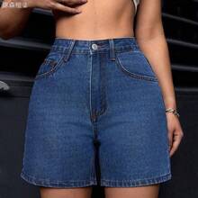 xuehuamaoyi02  PETITE Short de mezclilla lavado informal y minimalista para mujeres - Negro01 - Ver 2