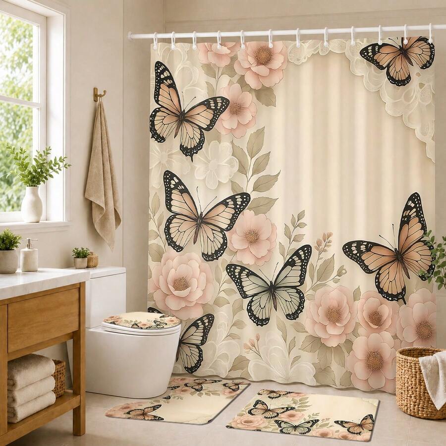 1/4pcs Pink Floral & Butterfly Bathroom Decor Set, Includes Shower Curtain, Bath Mat, U-Shape Toilet Lid Cover, Waterproof, Washable, Modern Style Partition Curtain, No Drilling Required - Multicolor - View 1