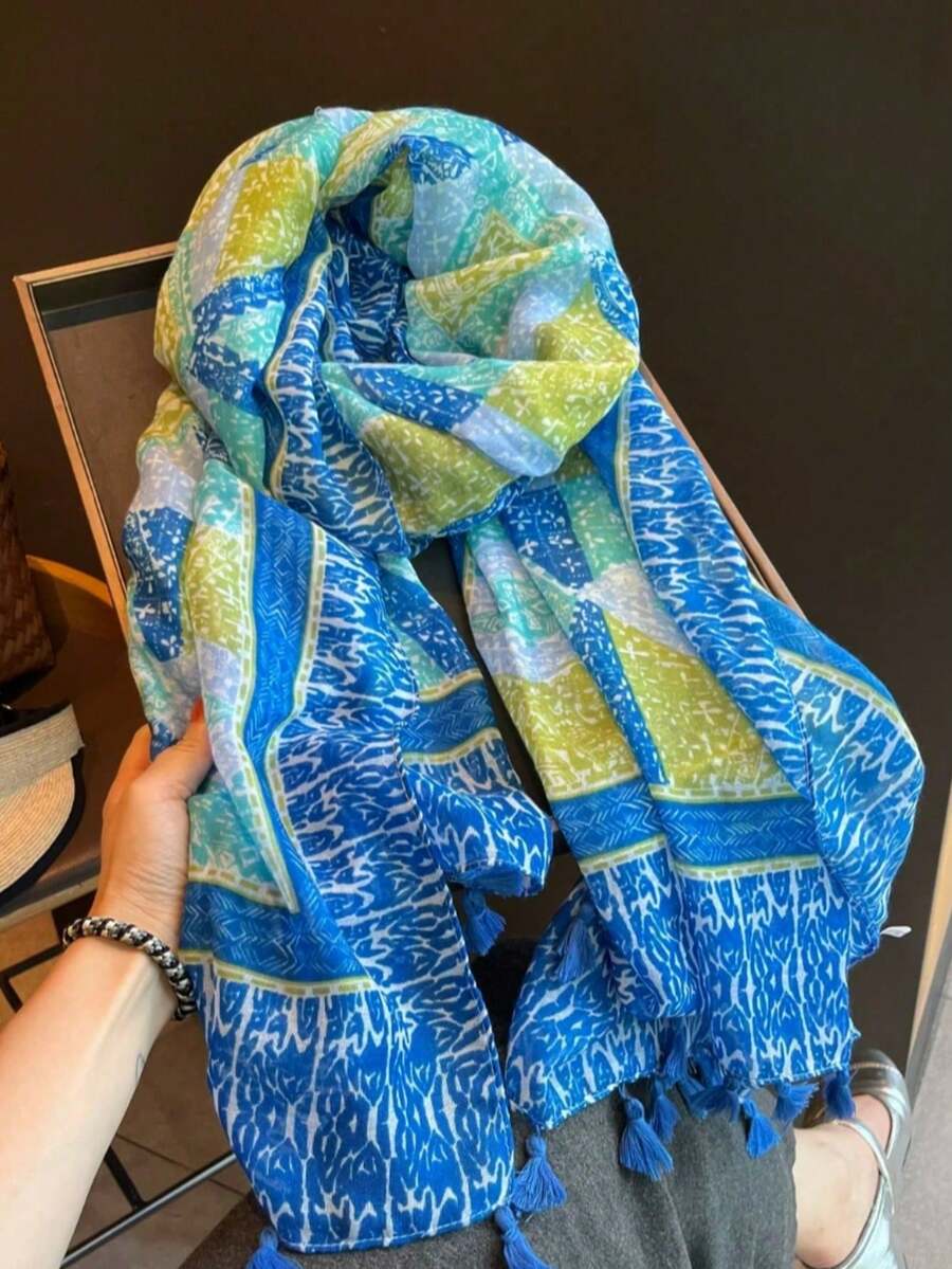 1pc New Sweet Heart Tassel Scarf For Women, Spring/Summer Thin Sun Protection Travel Beach Scarf, Air-Conditioned Room Shawl - Blue - View 1
