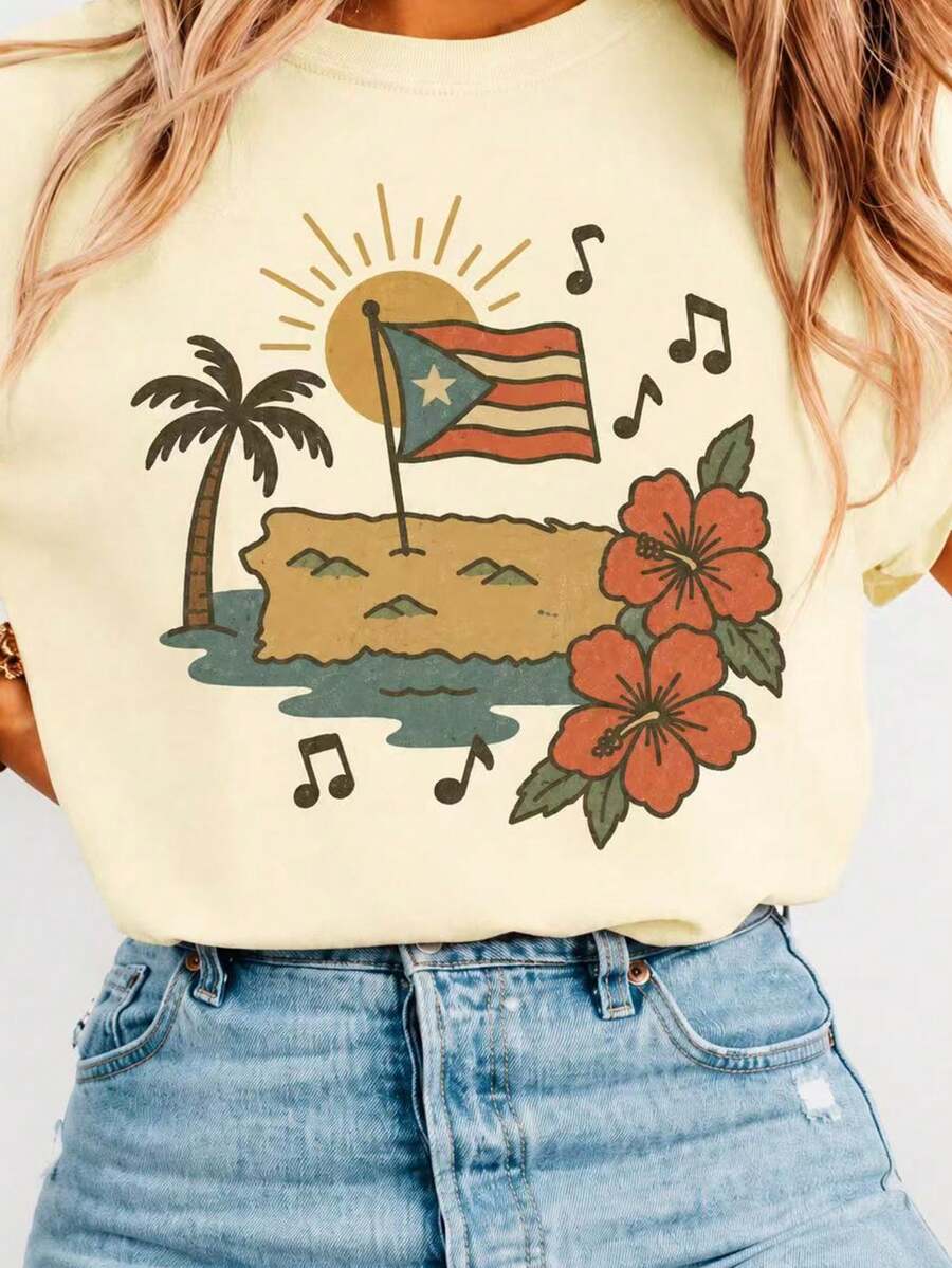 Women's Casual Cotton Round Neck Short Sleeve T-Shirt With Tropical Print, Perfect For Summer Vacay Vibes. Cute And Elegant Regular Length Top. - 黃色 - 查看 1