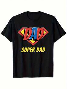 "Super Dad" Printed T-Shirt For Father's Day, Men's Printed T-Shirt, 220g, 100% Cotton, Crew Neck, Casual Short Sleeve T-Shirt For Men For Outdoor Use - 黑色 - 查看 1