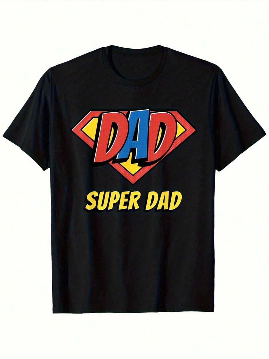 "Super Dad" Printed T-Shirt For Father's Day, Men's Printed T-Shirt, 220g, 100% Cotton, Crew Neck, Casual Short Sleeve T-Shirt For Men For Outdoor Use - 黑色 - 查看 1