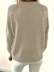 Plus Size Women's Elegant Pullover Sweater|Round Neck Design, Color Button Half Placket Raglan Long Sleeve, Smooth Touch|Suitable For Spring, Autumn And Winter|Fashionable And Versatile Casual Style - Apricot - View 2