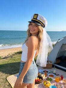 Bridal Captain Hat With White Veil, Bachelorette Party Hat, Beach Bachelorette Party Accessory, Fun Wedding Party Bridal Shower Gift - Multicolor - View 2