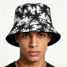 1pc New Brown Palm Tree Pattern Printed Reversible Bucket Hat, Suitable For Daily Casual, Beach Party And Outdoor Activities - A - View 2