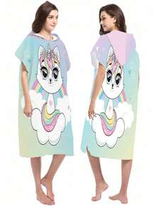 1pc Rainbow Unicorn & Blue Polka Dot Kitten Print Polyester Hooded Poncho, Oversized Beach Towel - Vibrant Unicorn Design, Beach Wrap, Soft & Durable Polyester Robe, Suitable For Swimming, Travel And Beach Vacation, Unisex Bathrobe, Beach Towel, Women Robe, Travel Decor, Casual Decor - Multicolor - View 4