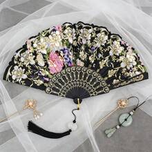 Floral Gold Foil Printed Folding Hand Fan With Tassel Pendant, Vintage Spanish Style Fan, Wedding Bride Ball Party Costume Accessory - Peony Flower Folding Fan - View 7
