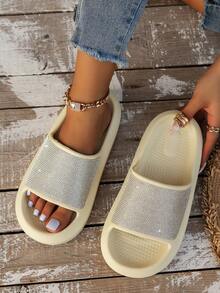 Spring/Summer Women's Round Toe Minimalist Casual Versatile Slides, Sparkling Rhinestone Upper, Outdoor Home Beach Bathroom Flip Flops - Khaki - View 2