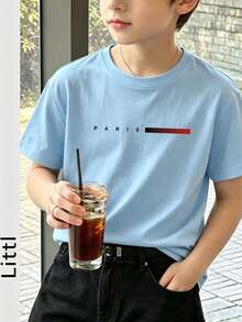 Tween Boys' Casual Navy Blue Round Neck Printed Short Sleeve T-Shirt, Summer Top - Baby Blue - View 2