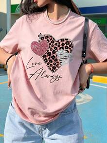 "Love Always" Leopard Print Heart Pattern T-Shirt, Sweet Style Glitter Print T-Shirt, Romantic Style Top For Girls Pink Casual Summer - Pink - View 6