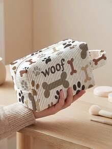 1pc Dog Paw Prints Print Corduroy Pouch With Handle ,Makeup & Toiletry Bag, Zipper Closure. Foldable, Durable, Multi-Use For Travel, Daily & Students - Multicolor - View 3