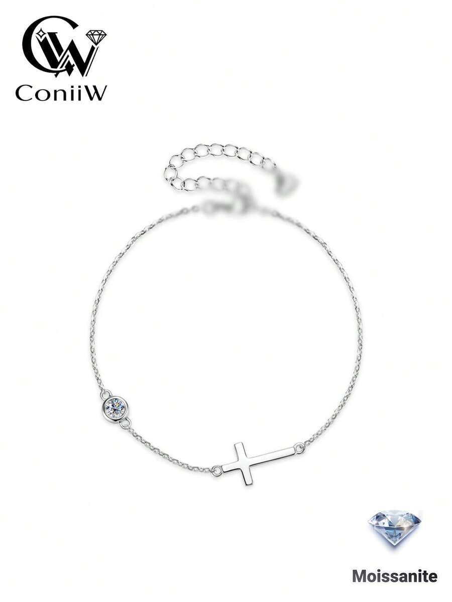 ConiiW 0.3克拉925純銀莫桑石十字架手鍊，中性款，經典優雅，適合日常佩戴、約會與派對