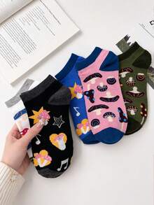 5 Pairs Women Vintage Mushroom Print Fashion Ankle Socks, Soft Breathable Minimalist Casual Socks, Cute Everyday Socks For Spring And Summer - Multicolor - View 3