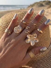 8pcs Vintage Punk Water Drop Flower Starfish Shell Multi- Ring Set, Fashion Geometric Design Rings, Suitable For Women's Daily Wear And Party Accessories, Great Gift - Gold - View 4