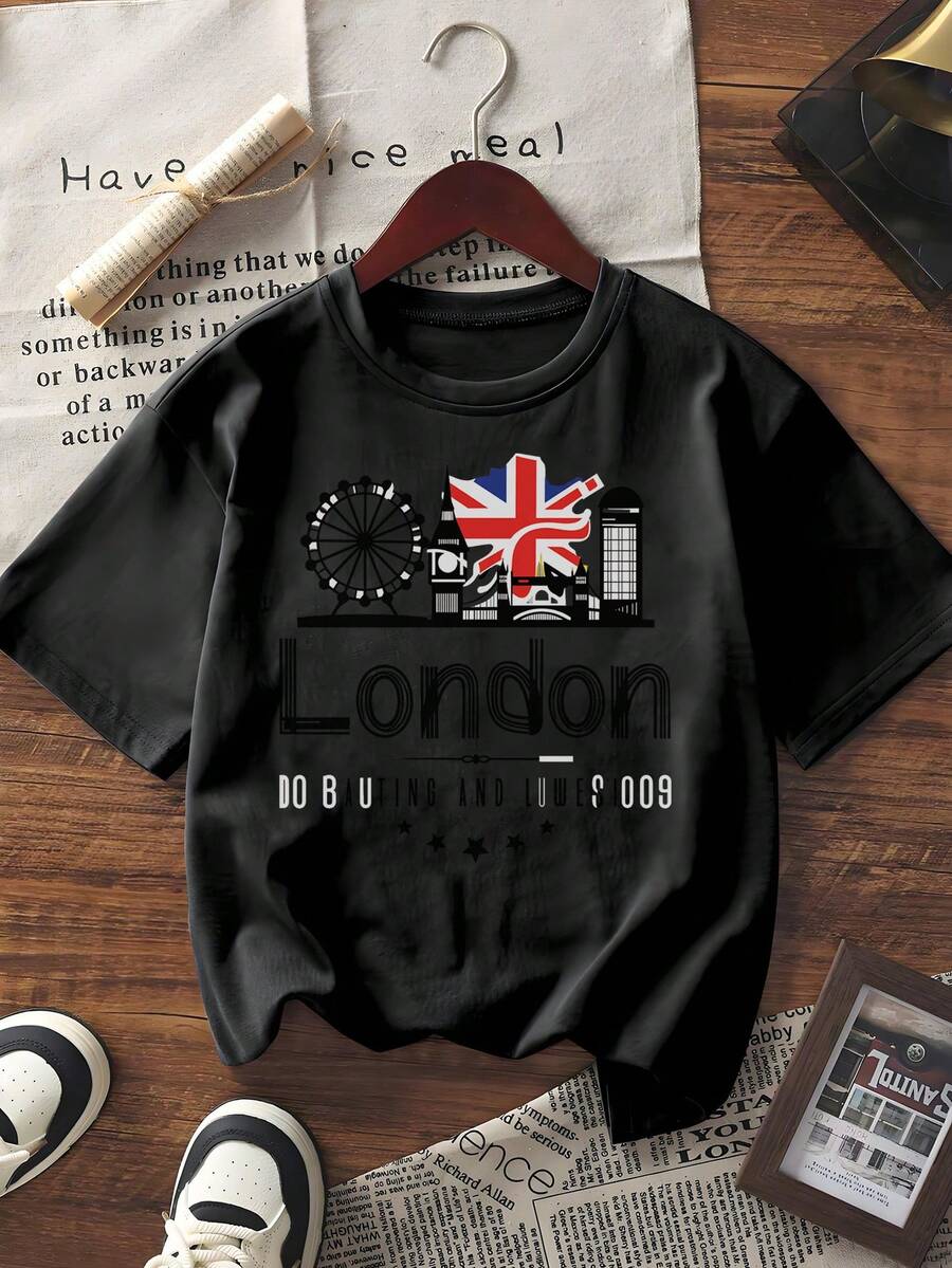 Unisex London Graphic Print Short-Sleeve T-Shirt Casual Summer O-Neck Loose Fit Top - Black - View 1