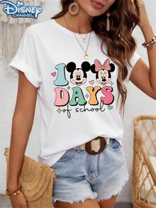 Disney  Cute, T-Shirt, Mickey And Minnie Mouse Design, Cotton Blend, Women's Casual Wear, One Size - White - View 2