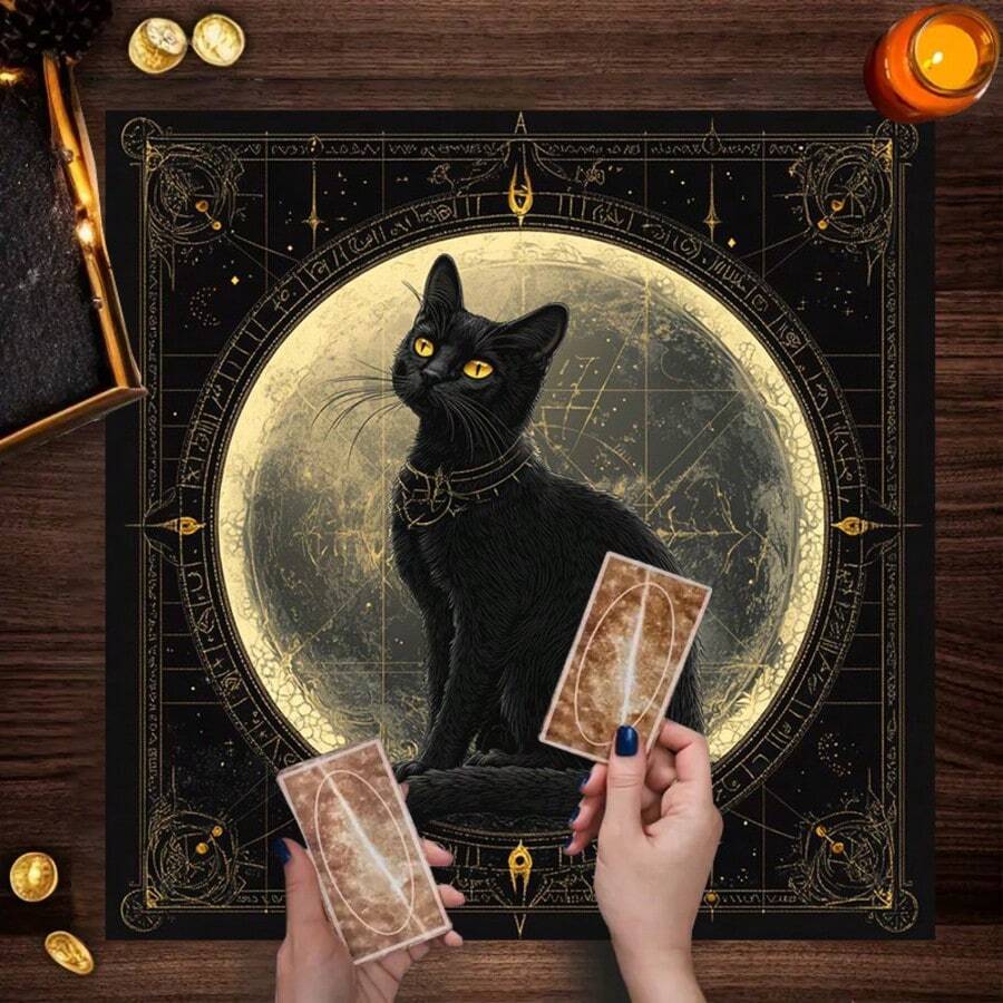 1 buah Taplak Meja Altar Ramalan Tarot Kucing untuk Ilmu Sihir, Astrologi, Pembacaan Tarot, Dekorasi Rumah, Alas Kartu Oracle Poliester - Hitam - View 1