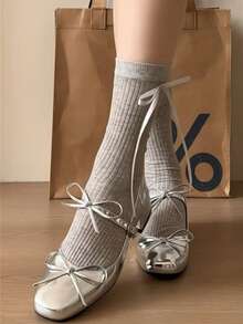Sweet Cool Ballet Style Silver Square Toe Mary Jane Shoes With Bow, French Girl Aesthetic, Versatile Women's Shoes For Dating, Commuting And Preppy Style, Spring/Autumn - Silver - View 7