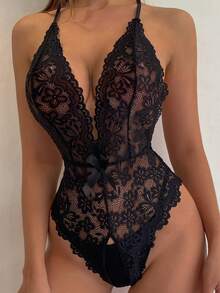 Spicy Aura Floral Lace Scallop Trim Crotchless Teddy Bodysuit Lingerie - 黑色 - 查看 7