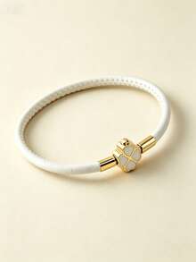 1pc White Leather Four-Leaf Clover Pendant Bracelet, Gold Clasp, Minimalist Style Lucky Bracelet, Suitable For Daily And Office Wear Women Accessory - Ivory - Gold Clover - View 3