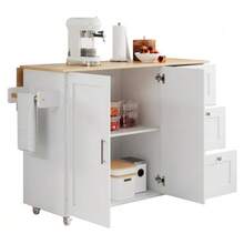 طاولة مطبخ متنقلة كبيرة L135*W44(70)*H90cm، سطح من البلوط، قابلة للطي، أثاث متعدد الوظائف، 3 أدراج، رف للمناشف، مثالية للمطبخ وغرفة الطعام والمنزل - أبيض - مشاهدة 7
