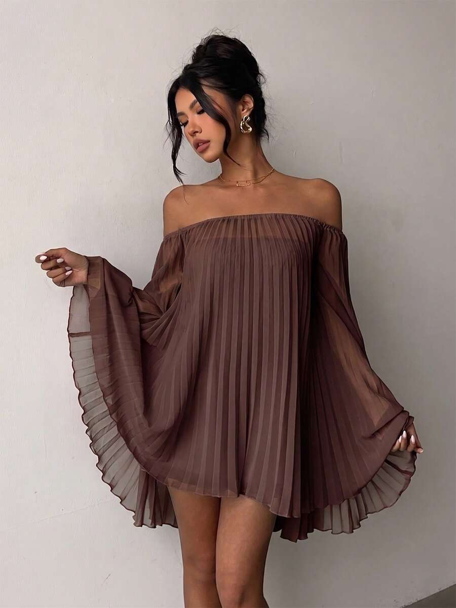 Brown Casual Off-Shoulder Chiffon Pleated Mini Dress & Strapless Jumpsuit 2pcs Set Elegant Summer - Coffee Brown - View 1