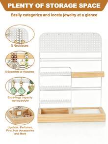 Jewelry Stand Holder Organizer, Jewelry Display Storage With Ring Tray, , Jewelry Display Stand With Metal Frame And Wood Velvet Tray, Necklace Earring Bracelet Holder, For Studs, Rings, Gift Idea, Home Room Dorm Decor For Teen Girls, Black / White - White - View 4