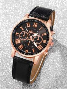 6pcs Fashion PU Leather Strap Alloy Quartz Watch Set - Black - View 2