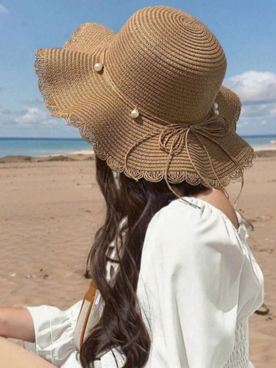 1頂女款卡其色波浪邊防曬草帽,附仿珍珠蝴蝶結裝飾,優雅海灘旅行度假防曬帽,鉤編鏤空波希米亞風海灘防曬草帽,適合節慶、慶典、旅行度假必備 - 彩色 - 查看 1
