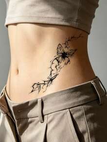 1pc Dark Ink-Style Butterfly Vine Lines Pattern Tattoo Sticker, Temporary Tattoo Sticker, Simulated Tattoo Design, Suitable For Travel, Music Festival, Games, Graduation Gifts, Lasts For 3-5 Days - Black - View 5